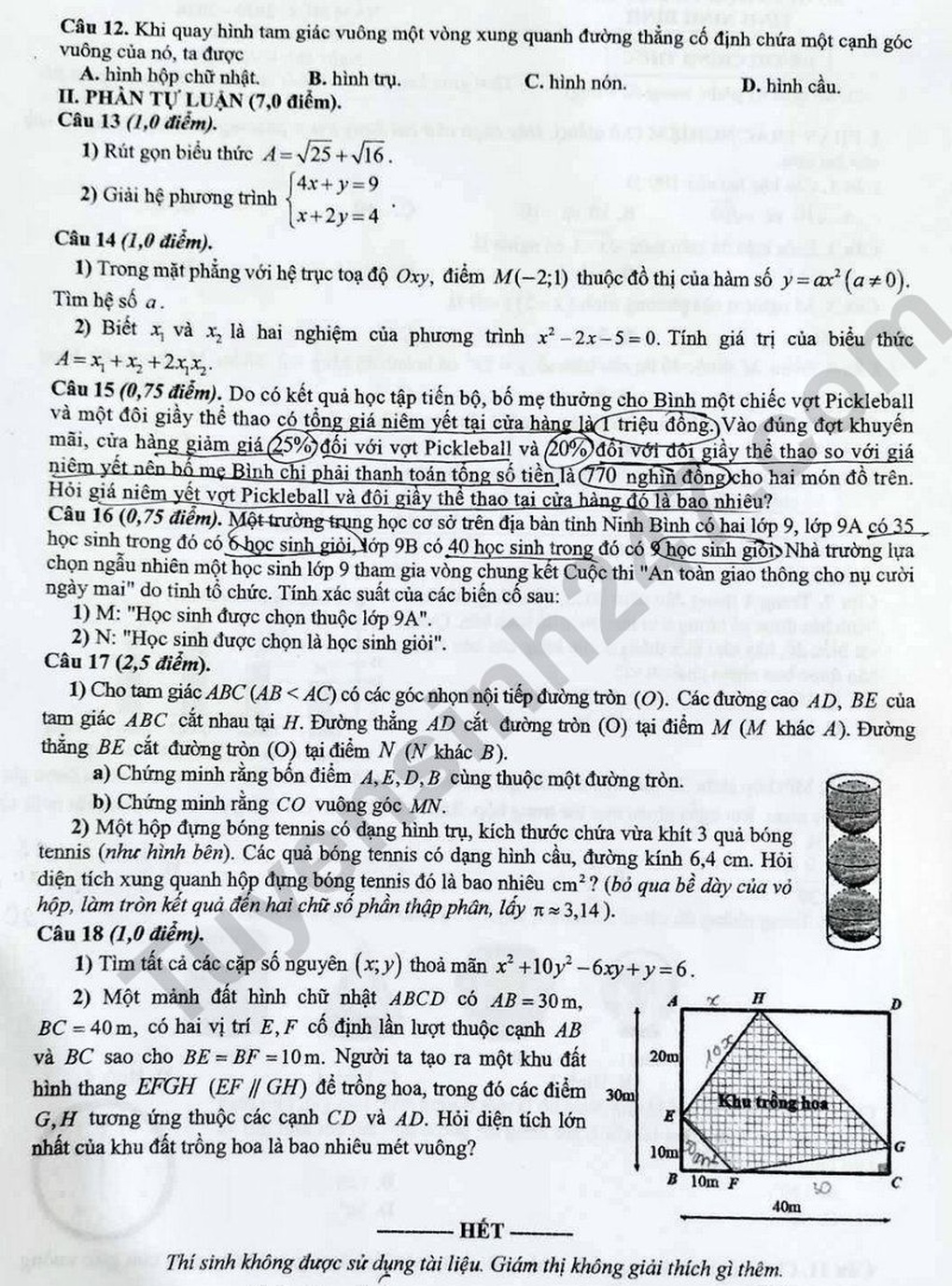 Đề và đáp án môn toán thi vào lớp 10 tỉnh Ninh Bình năm 2025 - 2