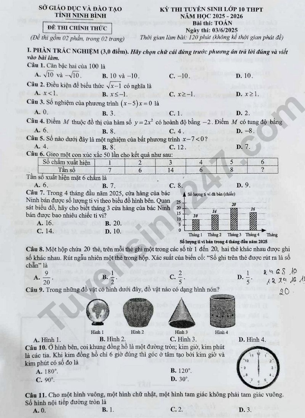 Đề và đáp án môn toán thi vào lớp 10 tỉnh Ninh Bình năm 2025 - 1