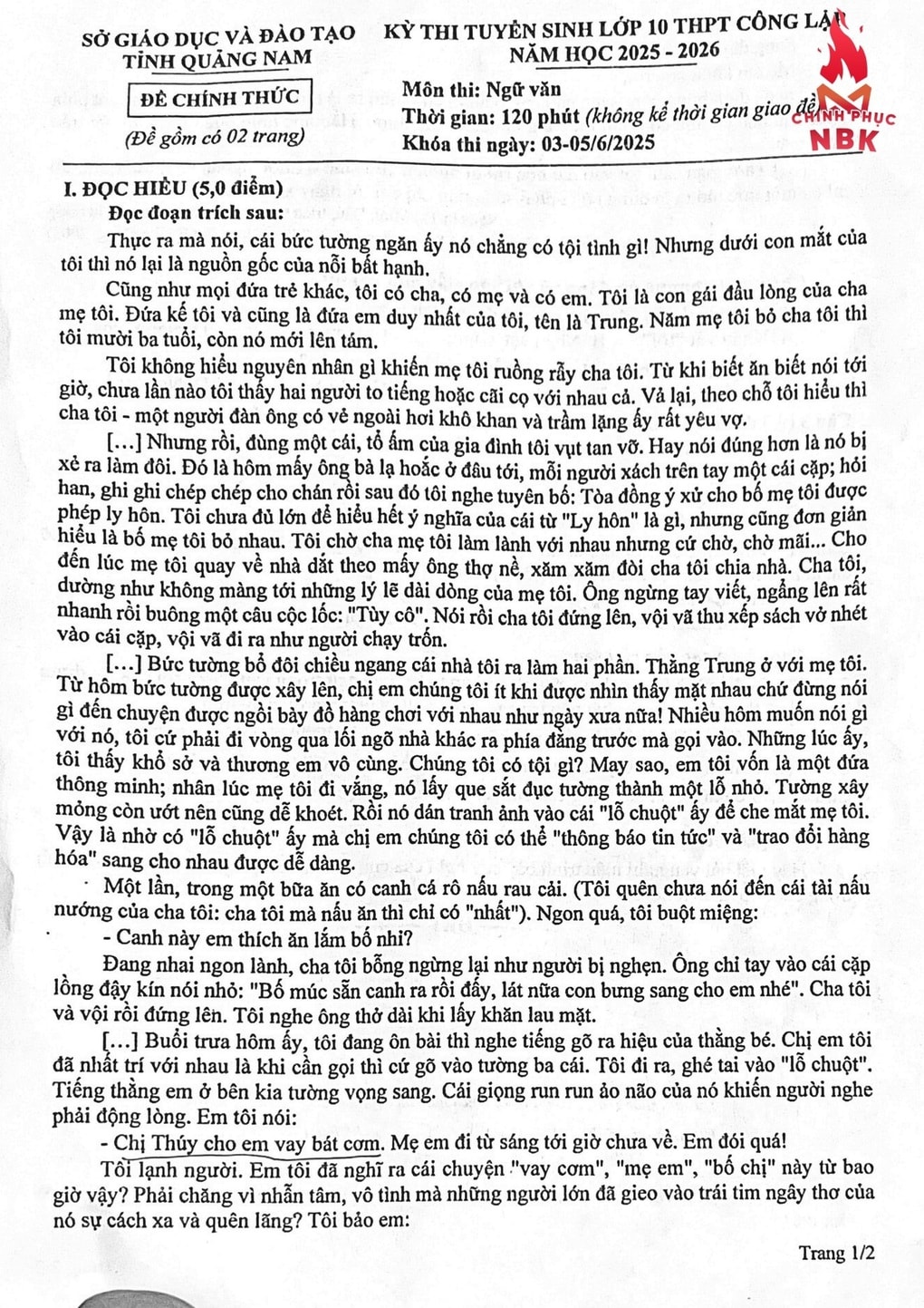 Exam questions and answers for 3 subjects entering grade 10 in Quang Nam province in 2025 - 1