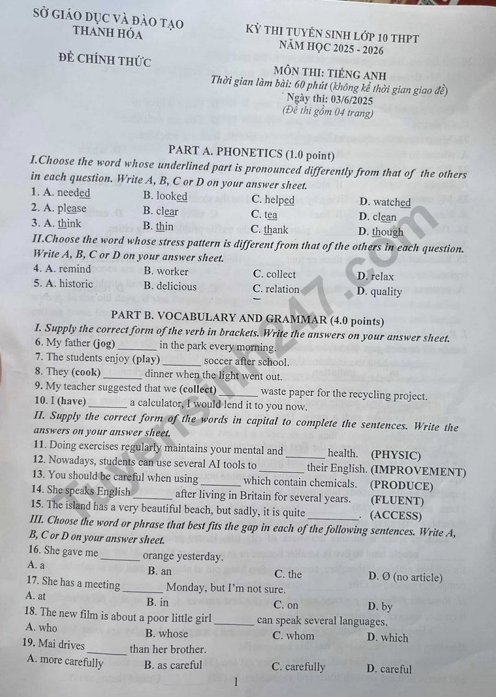 Đề thi và đáp án môn tiếng Anh vào lớp 10 tỉnh Thanh Hóa năm 2025 - 1