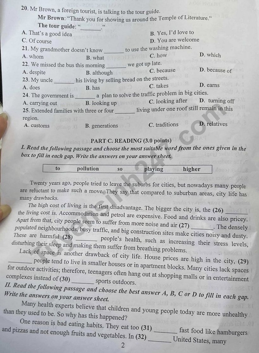 Đề thi và đáp án môn tiếng Anh vào lớp 10 tỉnh Thanh Hóa năm 2025 - 2