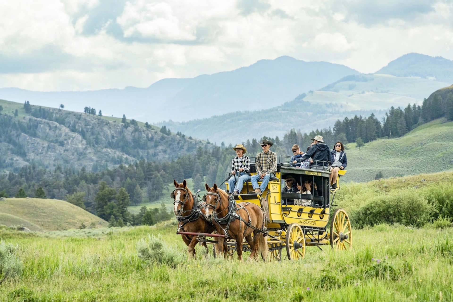 Tourists experience a classic horse-drawn carriage ride in a high-rise living room at Roosevelt Lodge.jpg