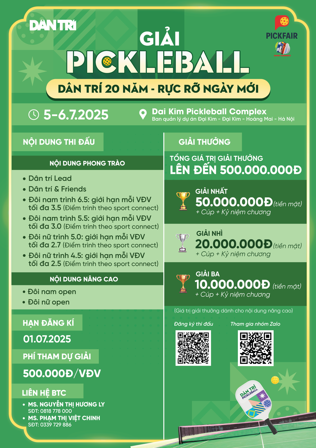 Cơ cấu giải thưởng ở giải đấu pickleball Dân trí 20 năm - Rực rỡ ngày mới - 2