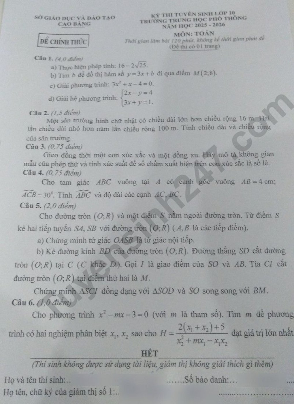 Đề thi và đáp án môn văn, toán vào lớp 10 tỉnh Cao Bằng năm 2025 - 1