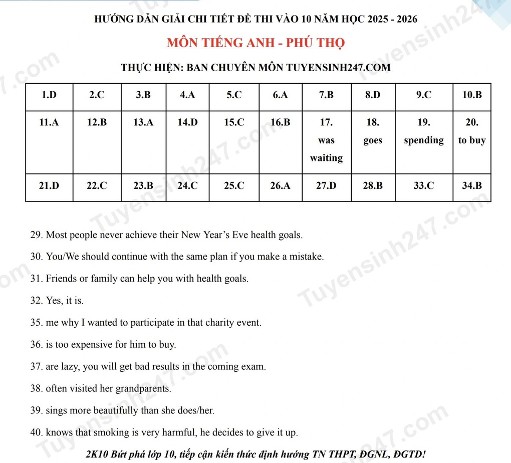 Đề thi và đáp án môn tiếng Anh, toán thi lớp 10 của Phú Thọ - 4