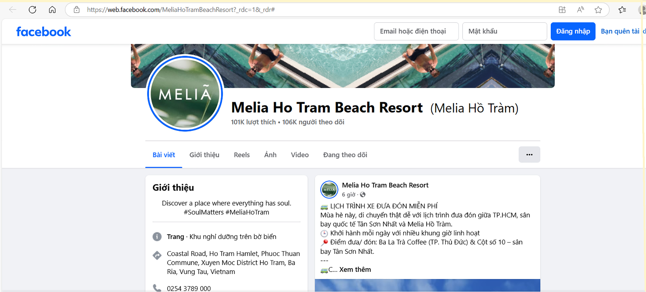 Die echte Facebook-Seite des Meliá Ho Tram Beach Resorts und die gefälschte Facebook-Seite (X). Nur die Mitarbeiter des Meliá Ho Tram Beach Resorts können die gefälschte Seite erkennen, da die angezeigte Telefonnummer falsch ist.