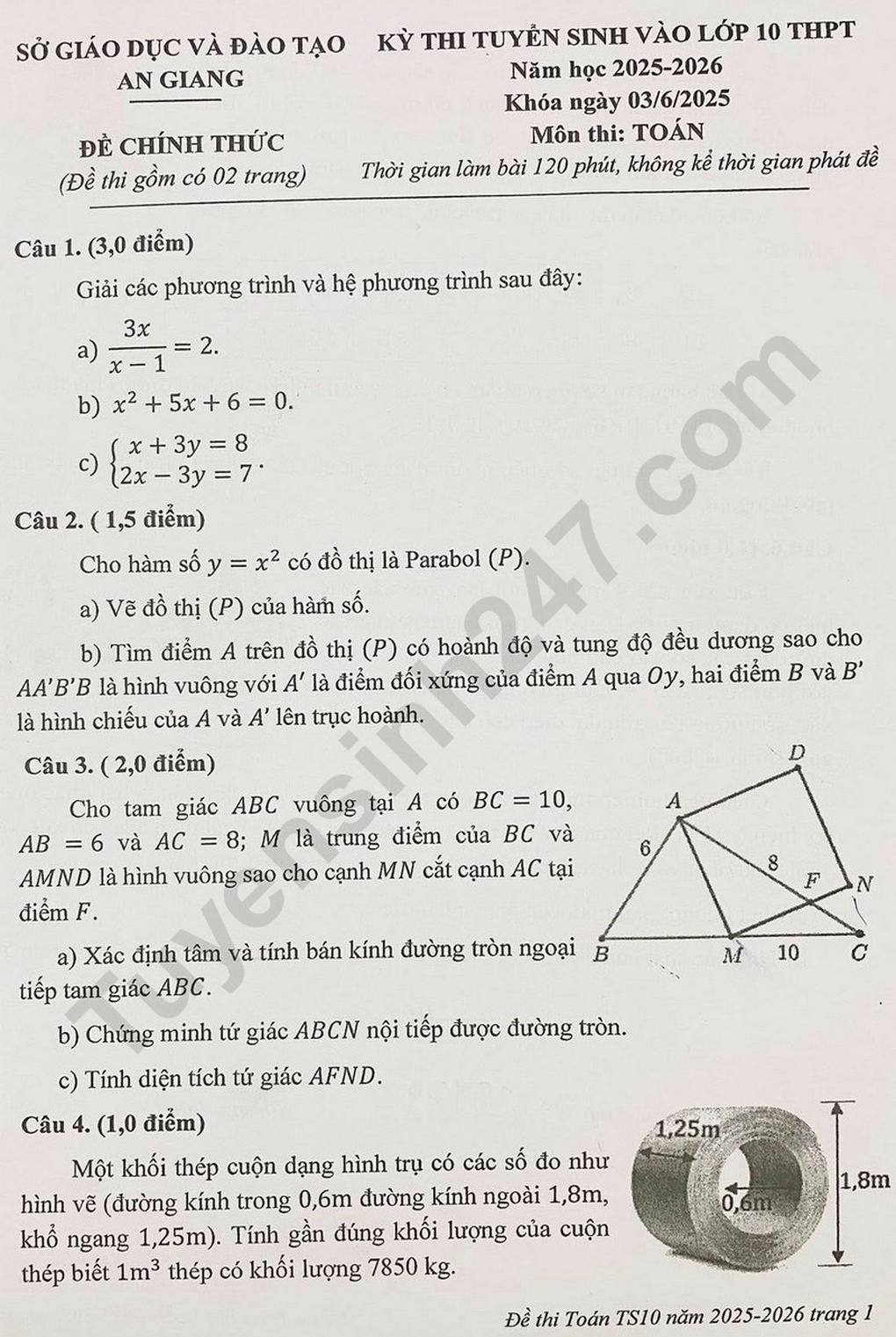 Đề thi và đáp án môn toán vào lớp 10 tỉnh An Giang năm 2025 - 1