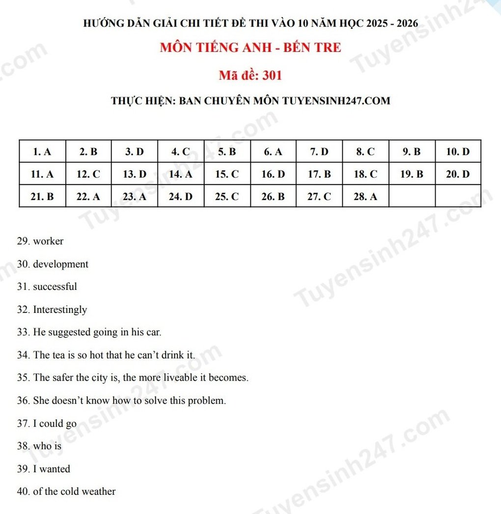 Đáp án tất cả các môn thi vào lớp 10 năm 2025 của tỉnh Bến Tre - 4