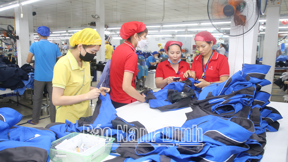 Sản xuất hàng may mặc xuất khẩu ở Công ty May Bảo Linh 1, xã Hồng Quang (Ý Yên).
