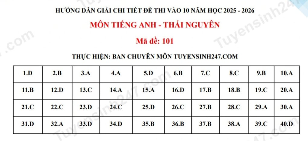 Đề thi, đáp án môn tiếng Anh, toán thi lớp 10 của Thái Nguyên - 5