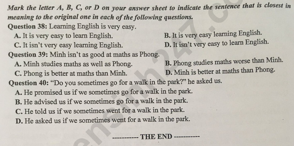 Đề thi, đáp án môn tiếng Anh, toán thi lớp 10 của Thái Nguyên - 4