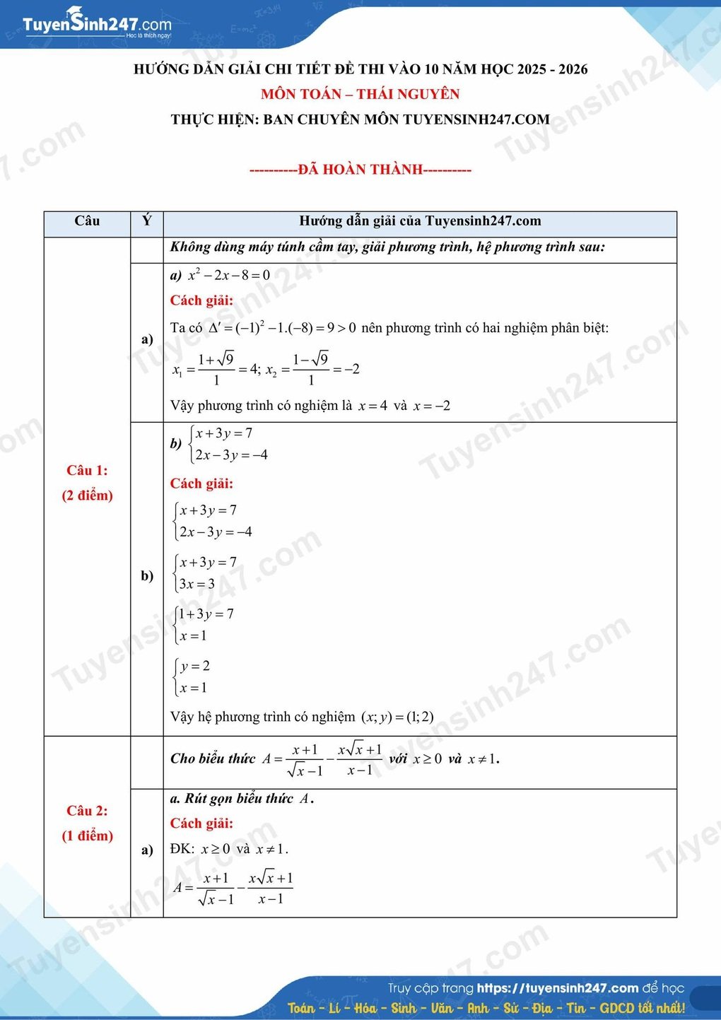 Đề thi, đáp án môn tiếng Anh, toán thi lớp 10 của Thái Nguyên - 8