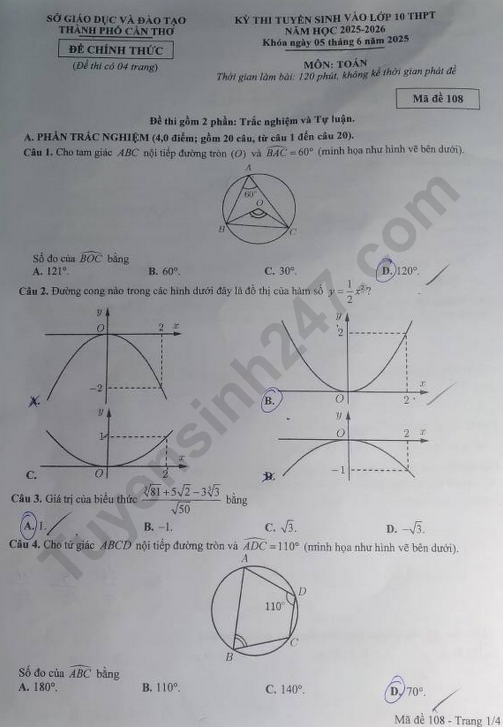 Đáp án tất cả các môn thi vào lớp 10 ở Cần Thơ năm 2025 - 1