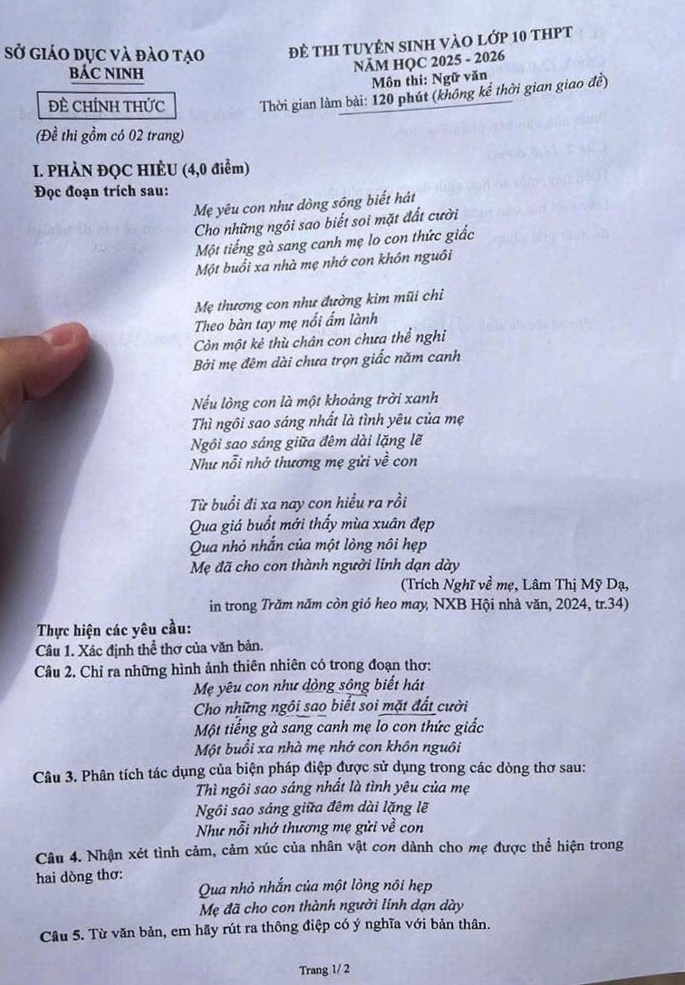 Entrance exam for grade 10 Literature subject of Bac Ninh province in 2025