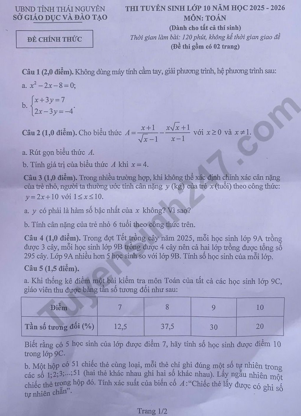 Đề thi, đáp án môn tiếng Anh, toán thi lớp 10 của Thái Nguyên - 6