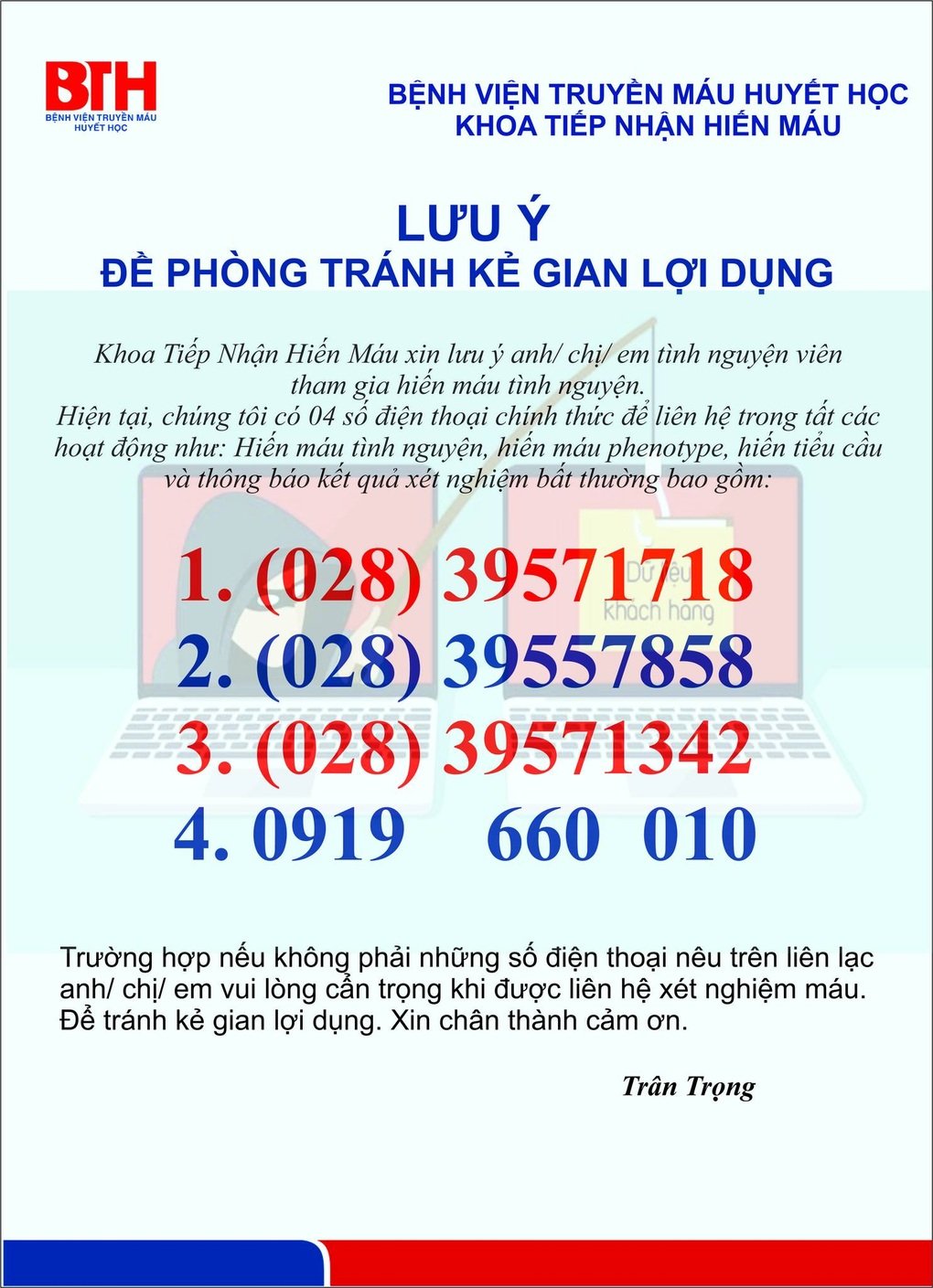 Bệnh viện ở TPHCM cảnh báo đối tượng lạ lừa đảo người hiến máu - 1