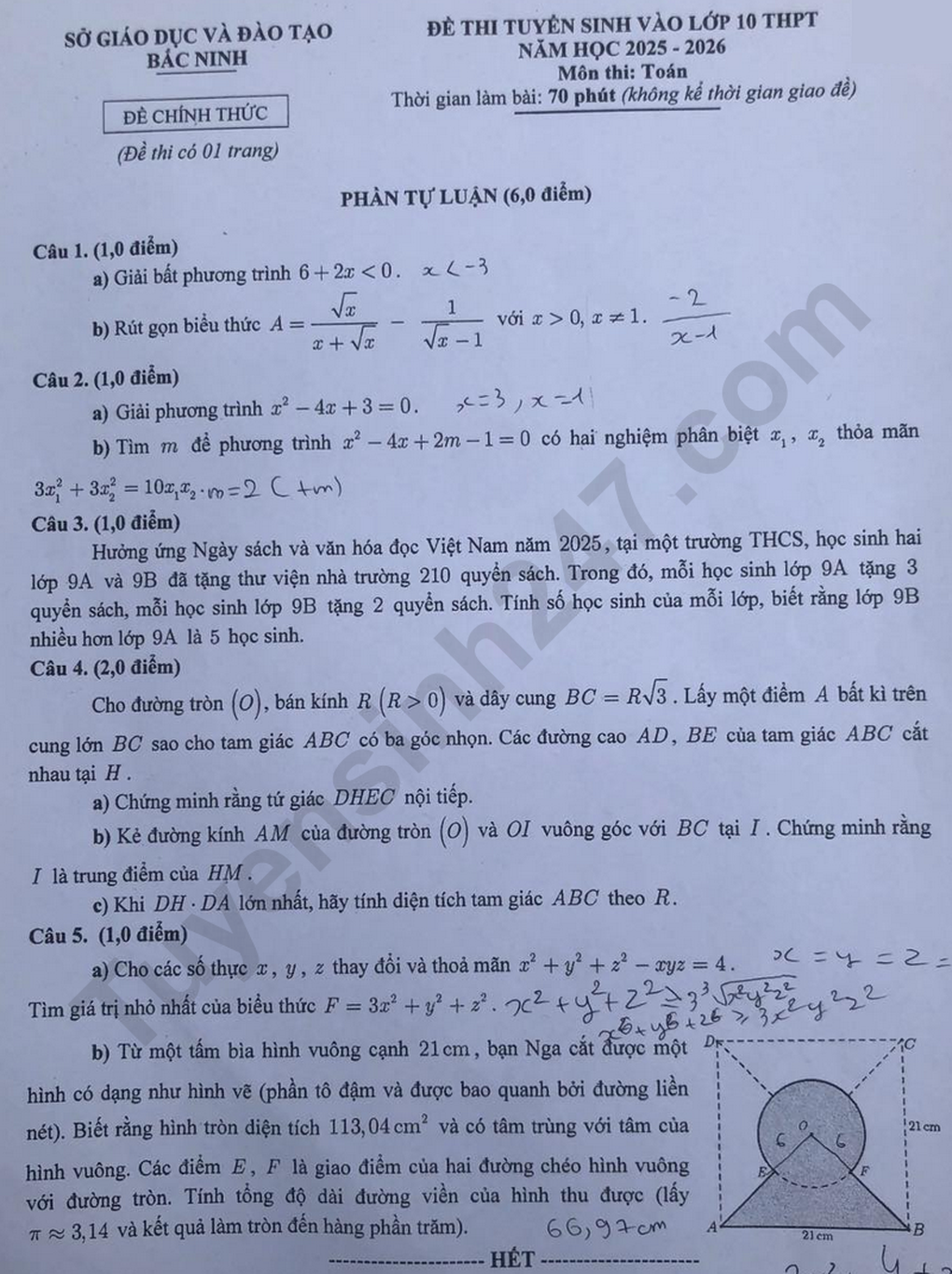 Đề thi và đáp án môn toán, tiếng Anh thi lớp 10 của tỉnh Bắc Ninh - 10