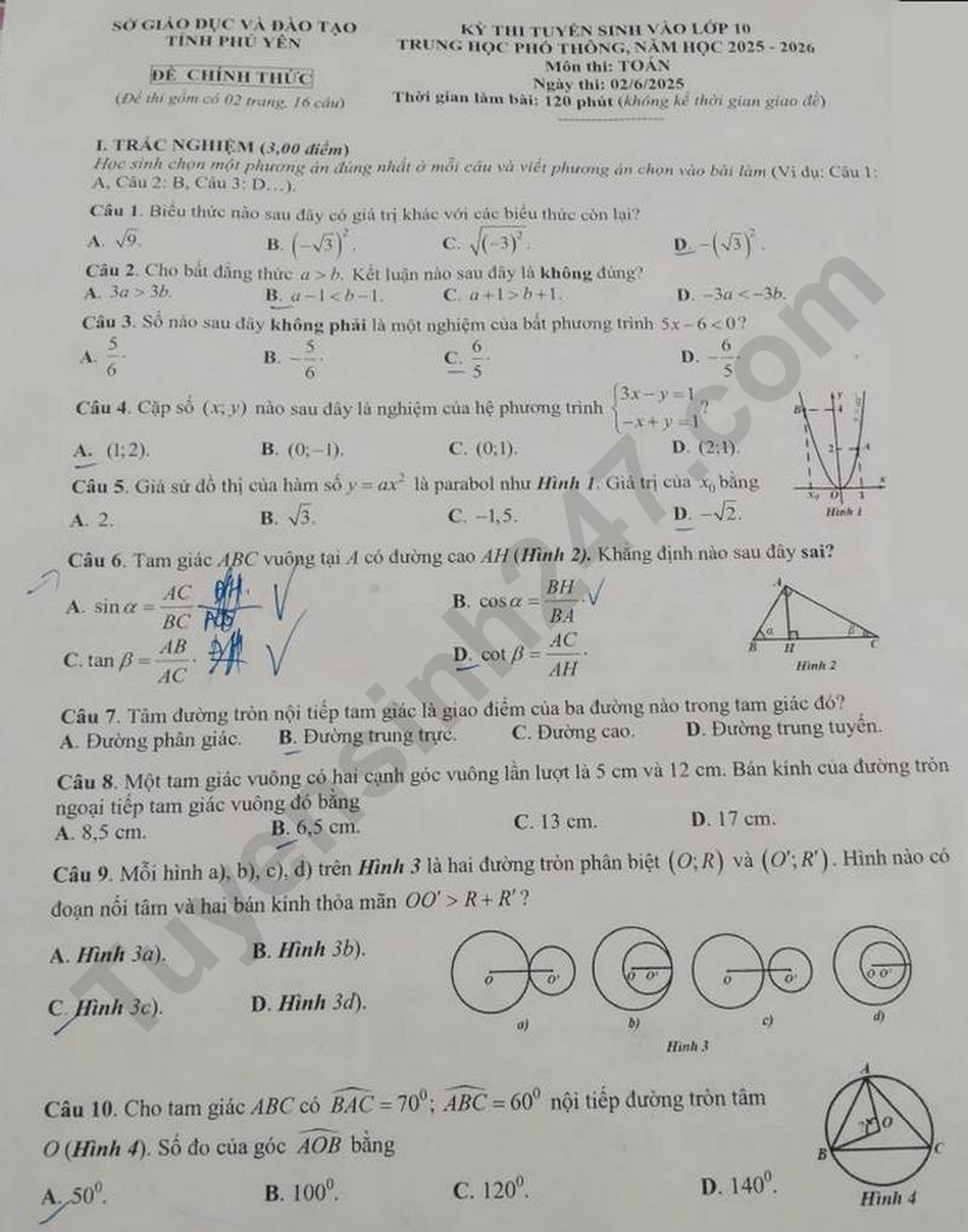 Đề và đáp án 3 môn thi vào lớp 10 tỉnh Phú Yên - 1