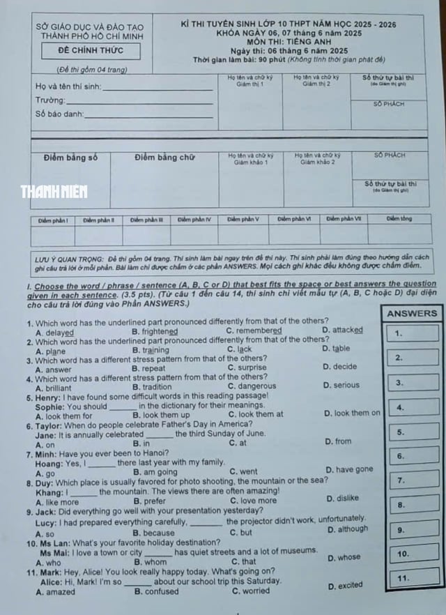 Thi lớp 10 TP.HCM: Đề chính thức môn tiếng Anh - Ảnh 1.