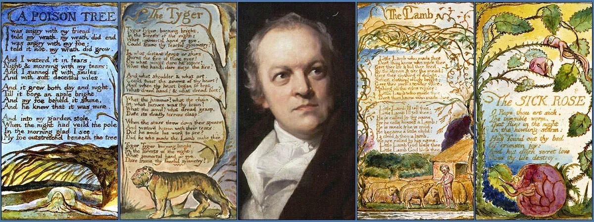 កវី/វិចិត្រករ William Blake និងការឆ្លាក់ដ៏ល្បីល្បាញរបស់គាត់នៃកំណាព្យរបស់គាត់ក្នុងអំឡុងពេលនៃជីវិតរបស់គាត់។  