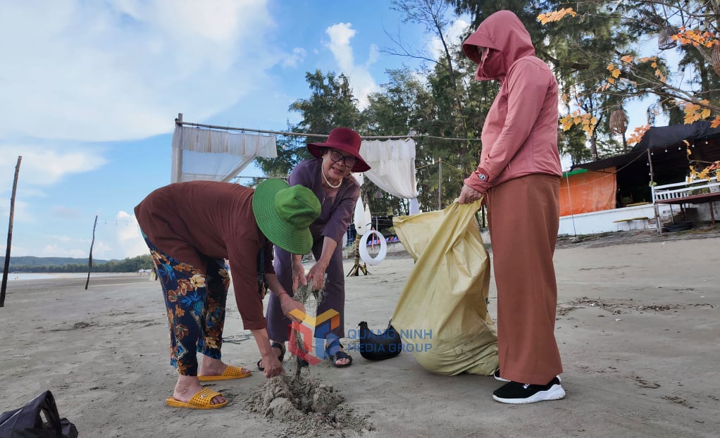 Phụ nữ huyện Cô Tô tích cực dọn vệ sinh môi trường làm sạch bãi biển.