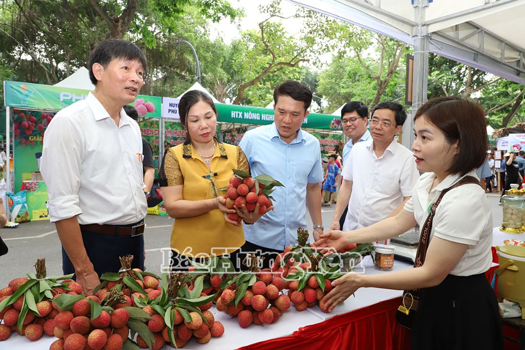 Các đại biểu tham quan gian bày bán sản phẩm vải trứng Hưng Yên