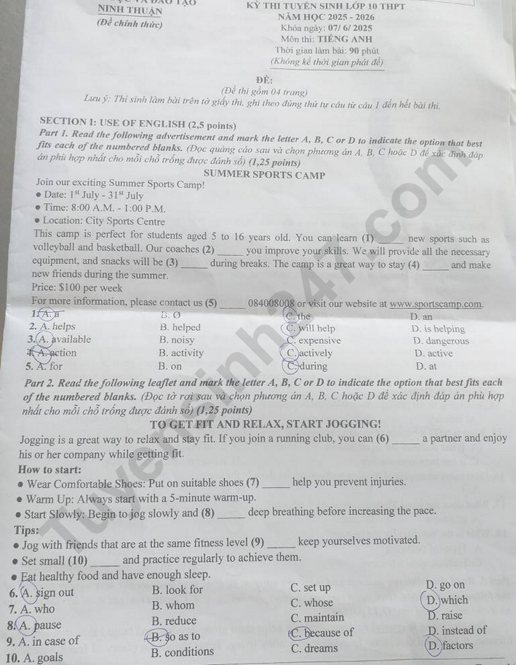 Đề và đáp án các môn thi vào lớp 10 của Ninh Thuận - 1