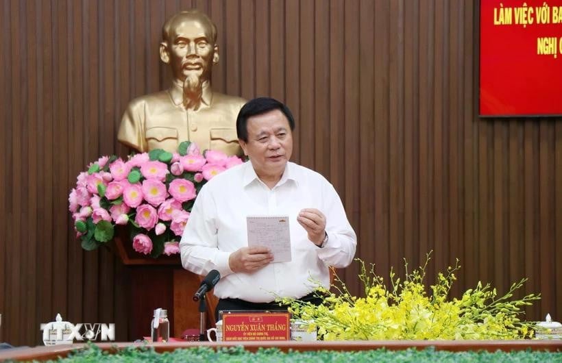 Giáo sư-Tiến sỹ Nguyễn Xuân Thắng, Ủy viên Bộ Chính trị, Giám đốc Học viện quốc gia Hồ Chí Minh, Chủ tịch Hội đồng Lý Luận Trung ương phát biểu tại buổi làm việc. (Ảnh: Phạm Cường/TXVN)