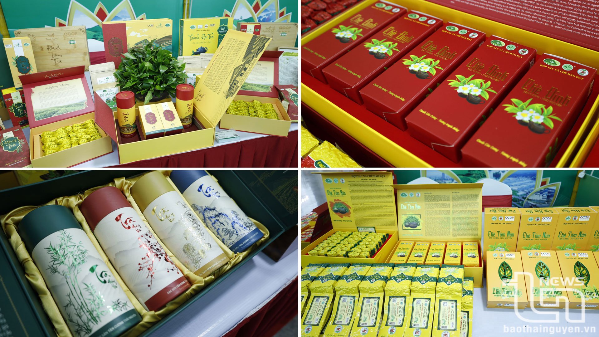 Gian hàng của tỉnh Thái Nguyên với các sản phẩm OCOP chủ lực như mật ong, bánh chưng Bờ Đậu ... Và đặc biệt là các sản phẩm trà từ các HTX nổi tiếng.