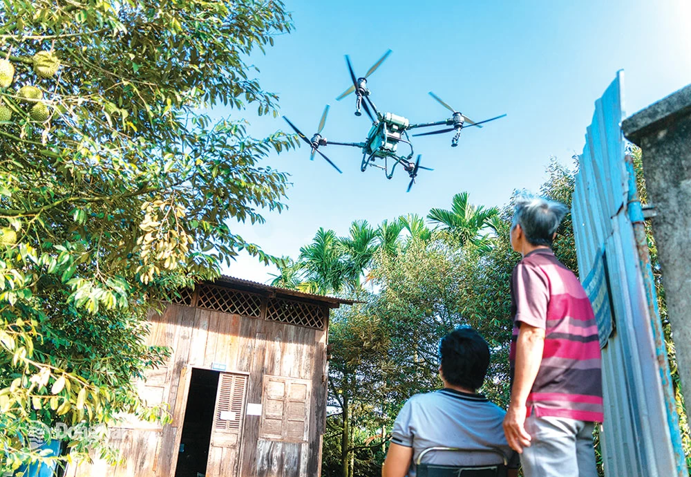8. Sau khi hoàn thành chặng bay, nông dân hạ cánh drone an toàn tại khu vực đất trống, đảm bảo không gây ảnh hưởng đến người xung quanh.