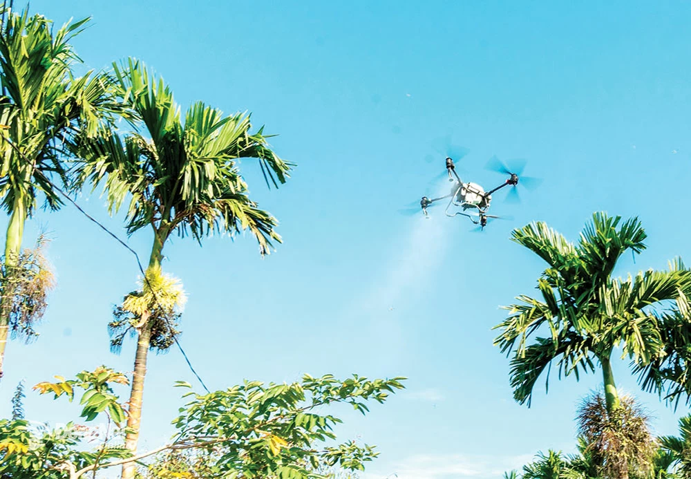 1. Thiết bị drone bay lượn, phun thuốc trên vườn cây ăn trái của nông dân xã sông Ray (huyện Cẩm Mỹ).