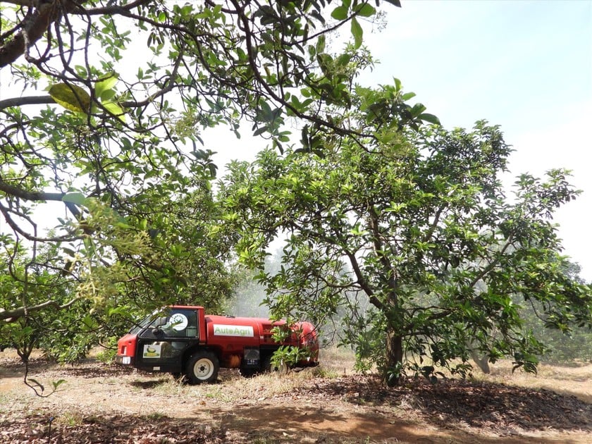 Hợp tác xã Dịch vụ Nông nghiệp số Bình Phước sử dụng xe phun hiện đại (bình chứa 1.000 lít), có thể rửa nước mưa, phun thuốc dập dịch trên 10-15ha mỗi buổi sáng, chỉ cần 1 người lái và camera giám sát