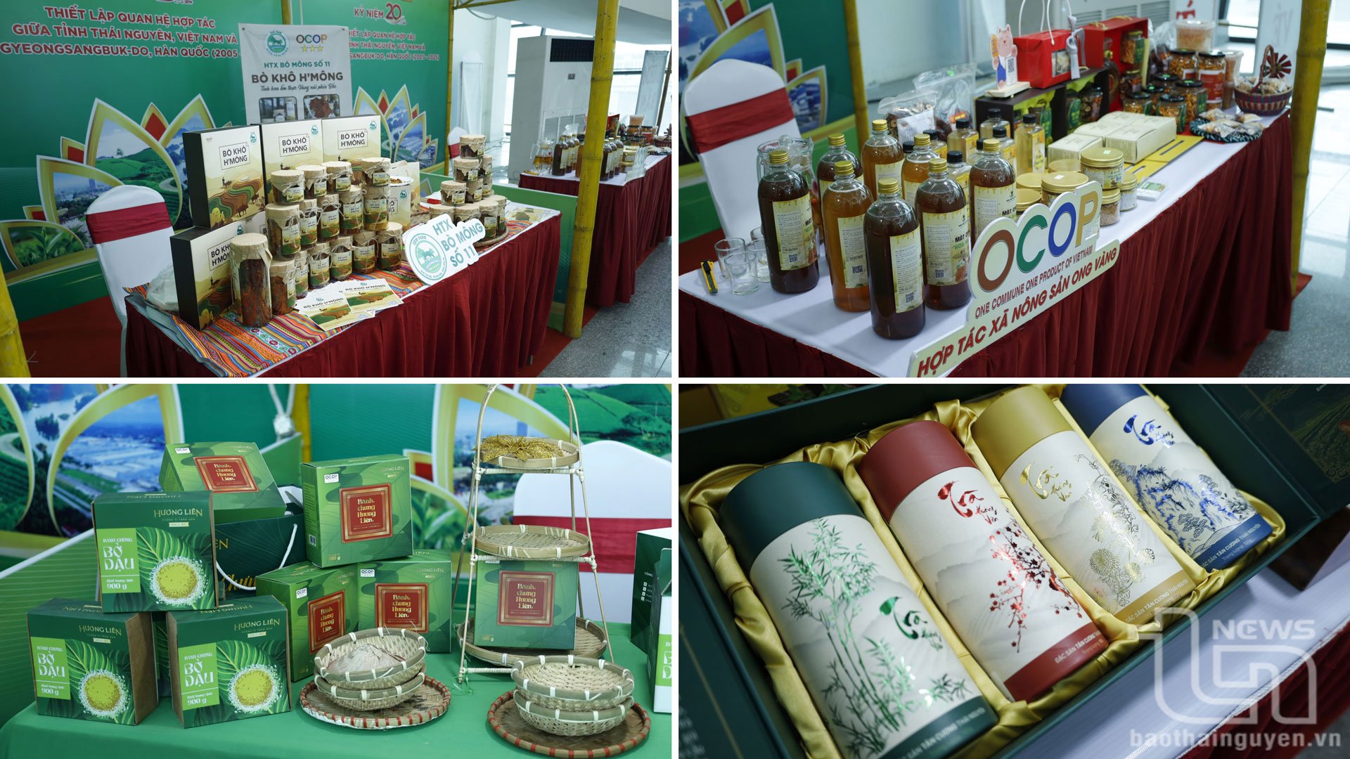 Gian hàng của tỉnh Thái Nguyên với các sản phẩm OCOP chủ lực như mật ong, bánh chưng Bờ Đậu ... Và đặc biệt là các sản phẩm trà từ các HTX nổi tiếng.