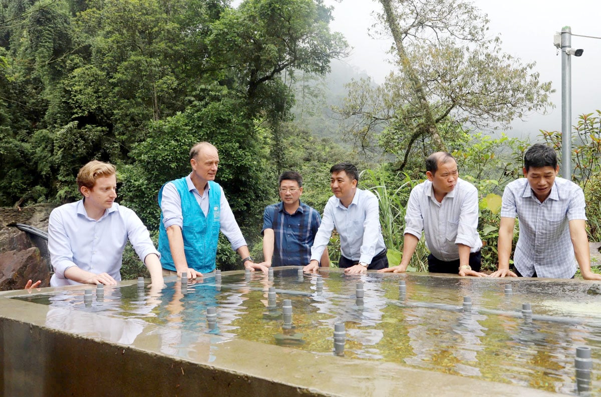 Các đại biểu tham quan Hệ thống xử lý nước công nghệ MET trong nuôi thủy sản của HTX cá Tầm Nậm An, xã Tân Thành (Bắc Quang).