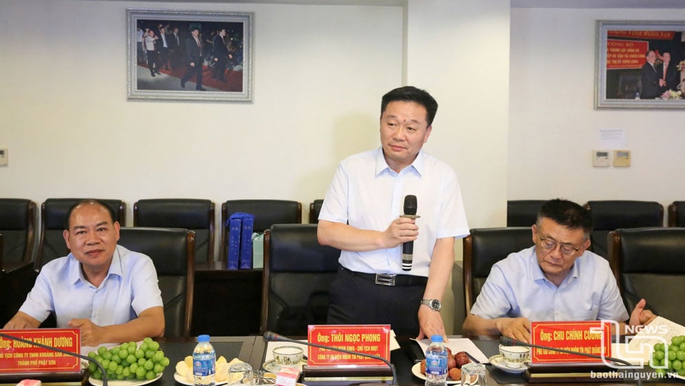 Ông Thôi Ngọc Phong, Phó Tổng Giám đốc Tập đoàn XINFA, kiêm Chủ tịch Hội đông quản trị Công ty Hữu hạn điện nhôm Tín Phát Quảng Tây (Trung Quốc) phát biểu tại buổi làm việc.
