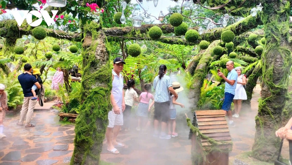 Du khách tham quan tại một điểm du lịch ở vùng ven Đà Lạt.