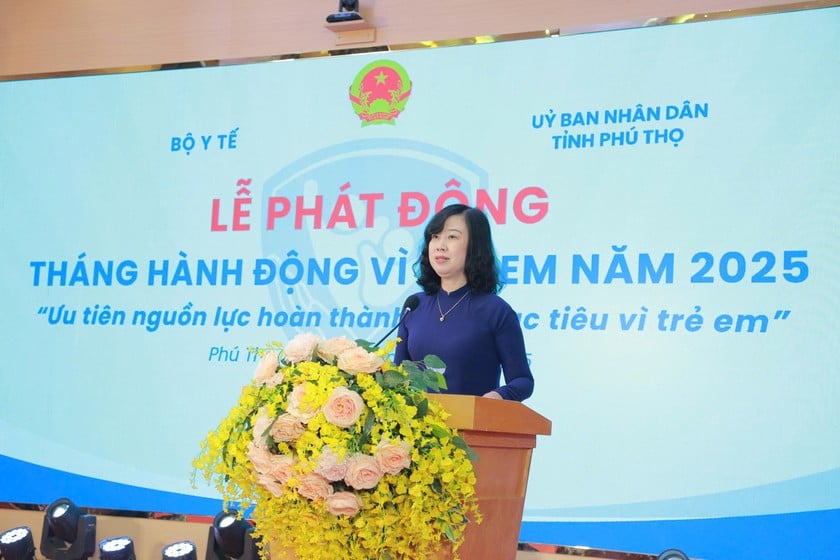 Bộ trưởng Bộ Y tế Đào Hồng Lan phát biểu tại Lễ phát động Tháng hành động vì trẻ em năm 2025 với chủ đề: “Ưu tiên nguồn lực hoàn thành các mục tiêu vì trẻ em”. Nguồn BYT