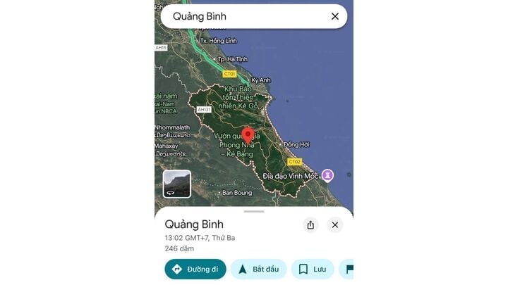 Địa giới hành chính của tỉnh Quảng Bình (cũ) vẫn giữ nguyên, chưa được cập nhật trên ứng dụng Google Maps.
