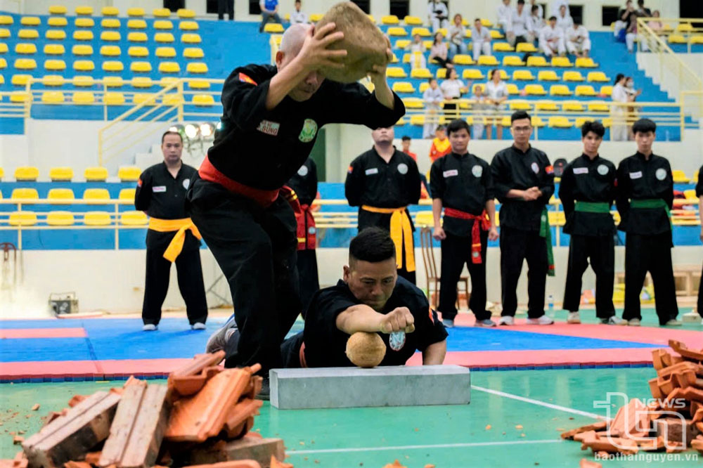 The martial artists used a large rock to hit their hands to break the dry coconut below.