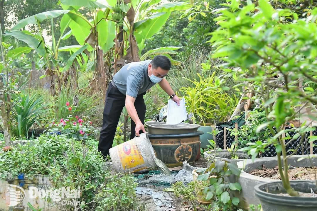 Nhân viên Trung tâm kiểm soát bệnh tật tỉnh kiểm tra công tác phòng, chống dịch sốt xuất huyết tại xã Dầu Giây. Ảnh: CTV