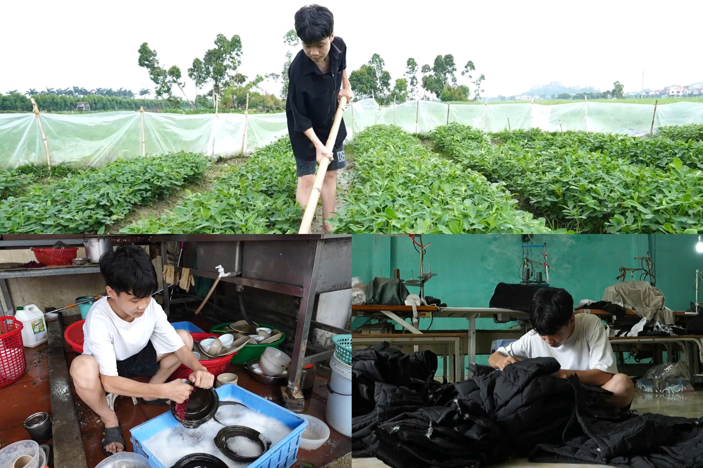 Em Đào Văn Minh tranh thủ nghỉ hè đi làm đủ việc từ rửa chén đến cuốc đất, dọn vườn… để san sẻ gánh nặng mưu sinh với người mẹ bệnh tật.