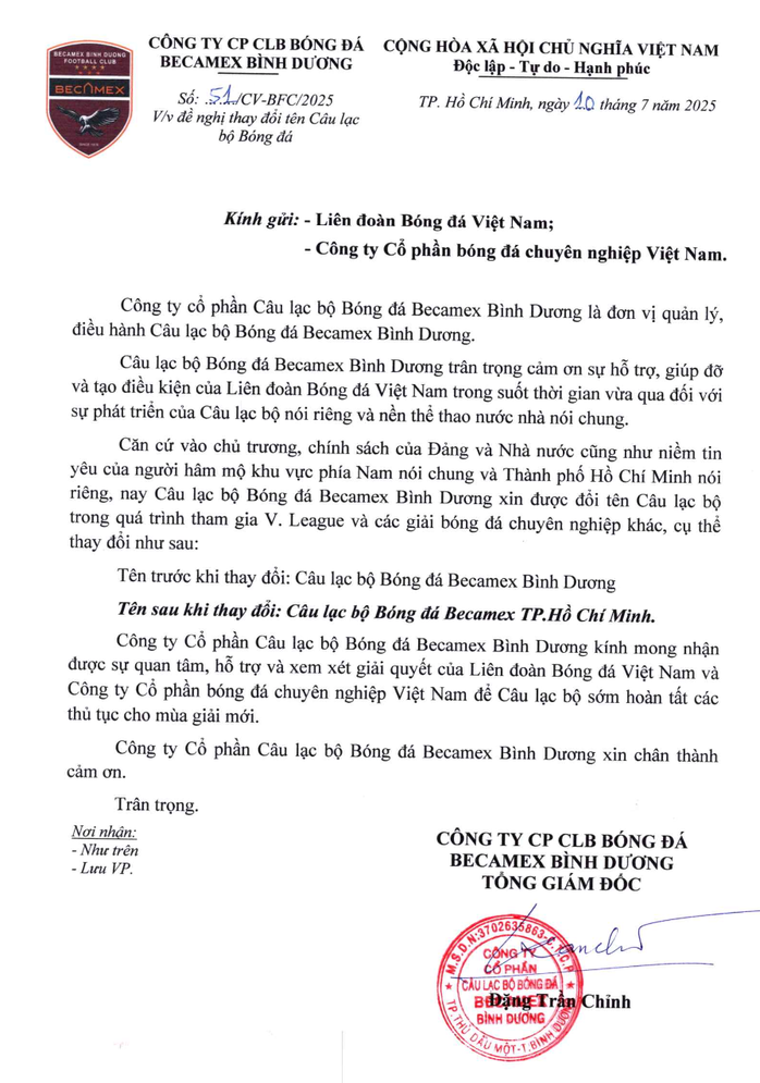CLB Bình Dương xin đổi tên thành Becamex TP HCM - Ảnh 2.