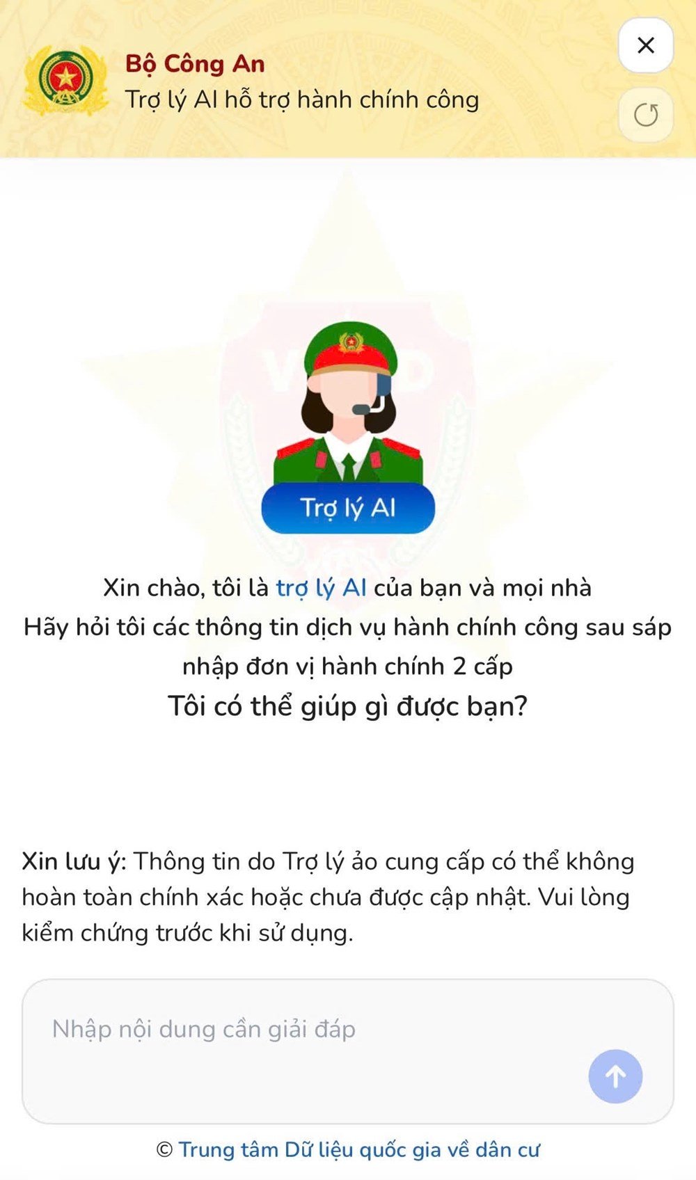 Trợ lý ảo hành chính trên VNeID. Ảnh chụp màn hình