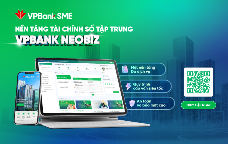 VPBank SME の VPBank NEOBiz 集中型デジタル金融プラットフォームのプロモーション画像。アプリケーション インターフェイスを備えたタブレットとスマートフォンが示されています。