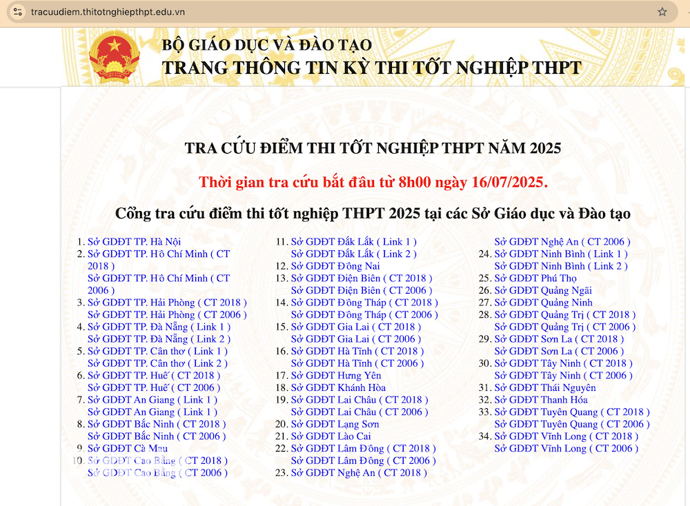 Trang thông tin kỳ thi tốt nghiệp trung học phổ thông của Bộ Giáo dục và đào tạo, trong đó có liên kết đến website tra cứu điểm thi của Sở Giáo dục và đào tạo các tỉnh, thành phố. Ảnh: Hải Yến