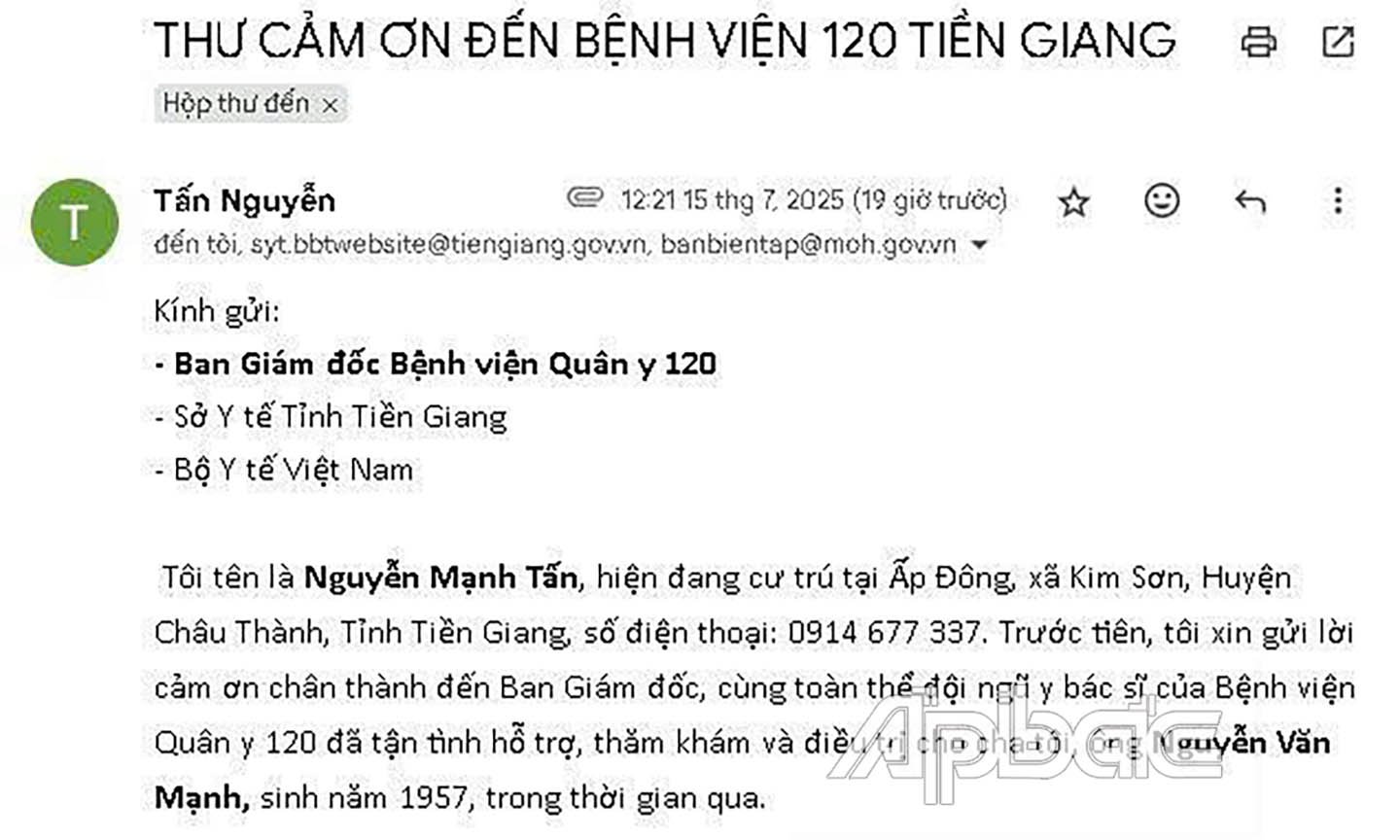 Lá thư được gởi đến bệnh viện.