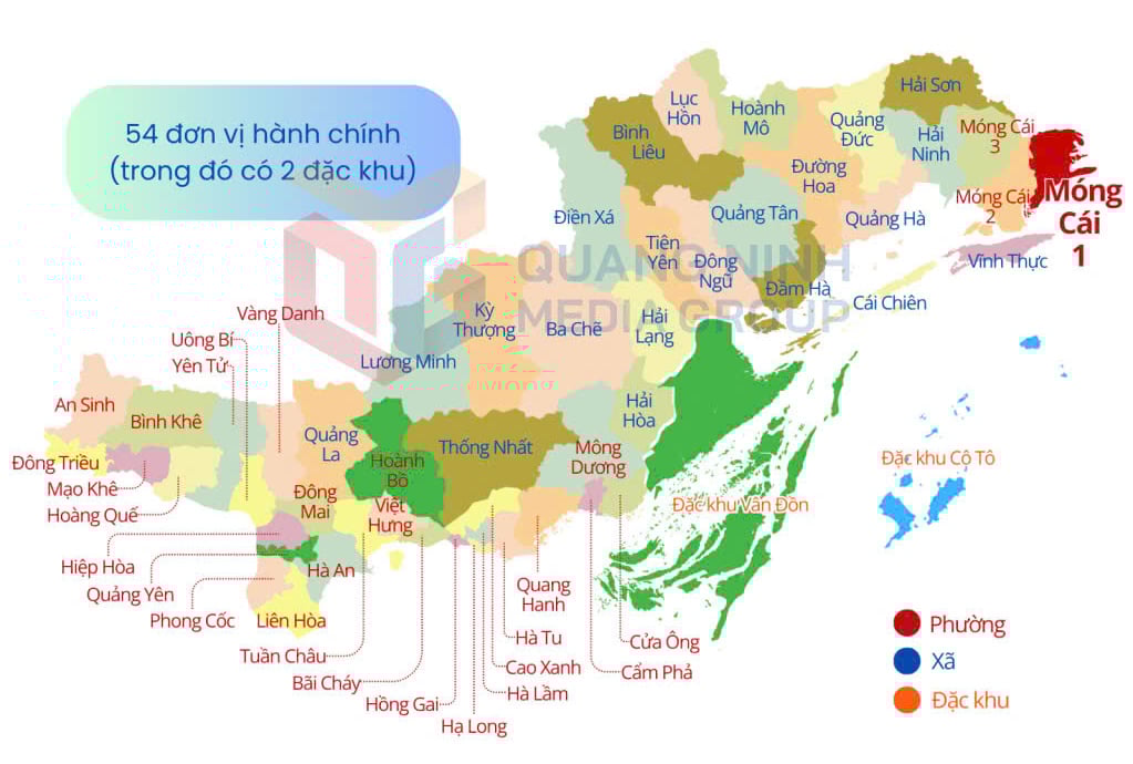 54 đơn vị xã, phường, đặc khu trên địa bàn tỉnh Quảng Ninh.