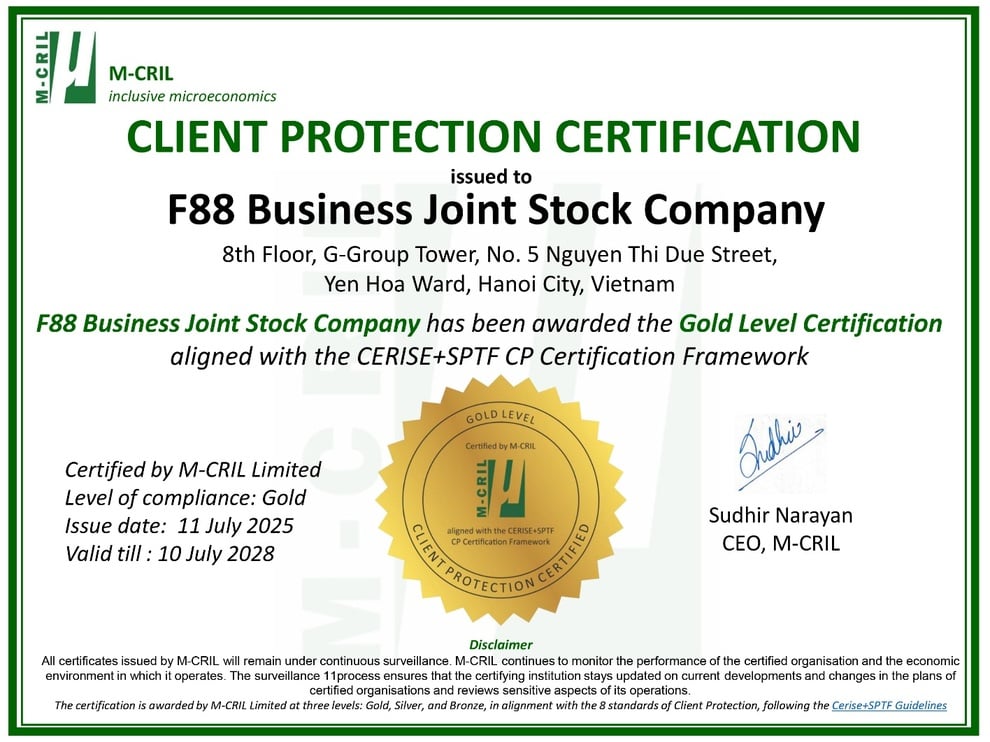 F88 nhận chứng chỉ bảo vệ khách hàng của M-Cril - 1