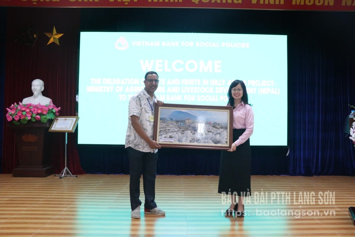 Lãnh đạo Chi nhánh NHCSXH tỉnh tặng quà lưu niệm đại diện đoàn công tác 