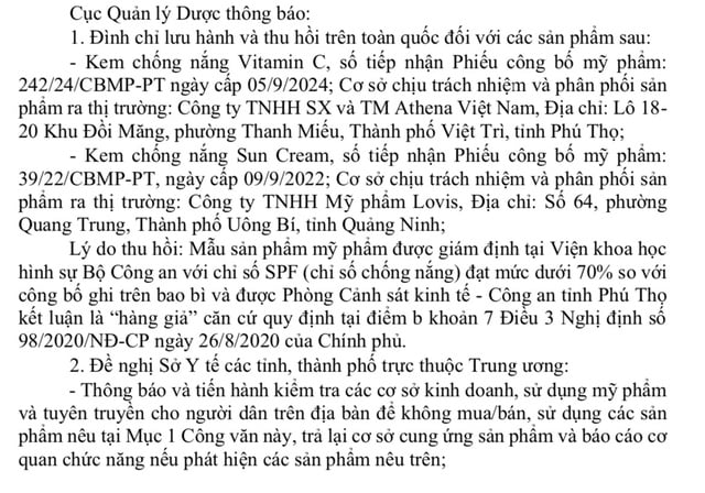 Thu hồi toàn quốc, dừng sử dụng 2 kem chống nắng là hàng giả - Ảnh 1.